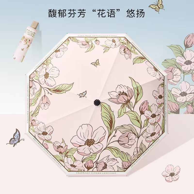 Three-Fold Rain Umbrella Eight-Rib Floral Manual Umbrella Black Glue Sunscreen Anti-Splash Portable Folding Sun and Rain Umbrella