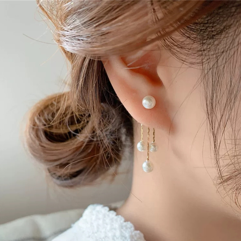 S925 silver needle long tassel earrings pearl ear drops anti-lost simple ear thread ear accessories