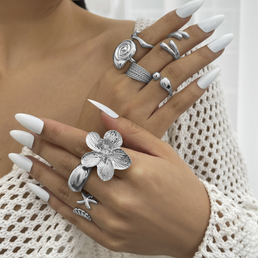 Jewelry vacation style starfish scallop open ring alloy flower ring set smooth surface
