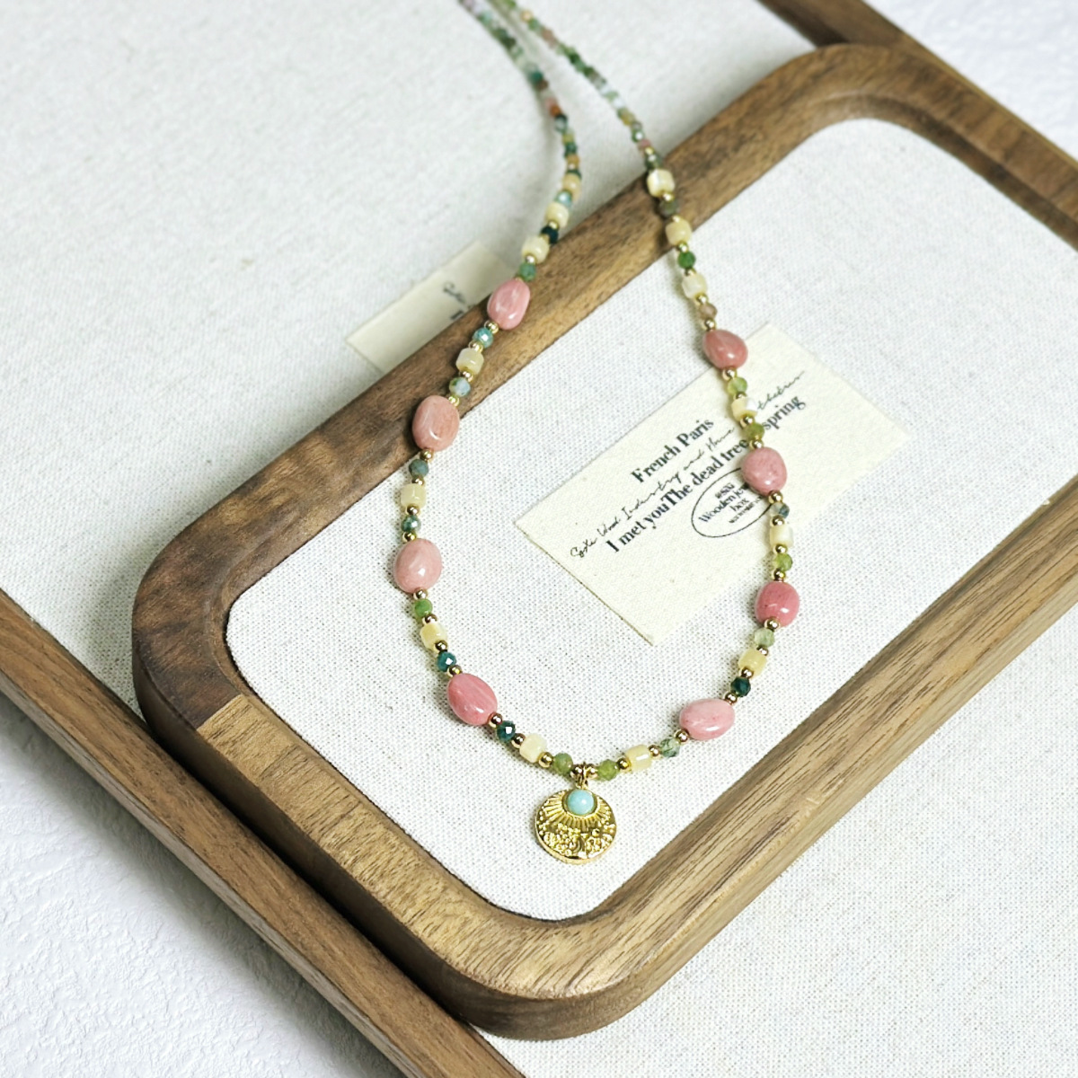 New Ethnic Contrast Color Natural Stone Beaded Necklace Small Geometric Pendant Collarbone Chain Sweater Chain