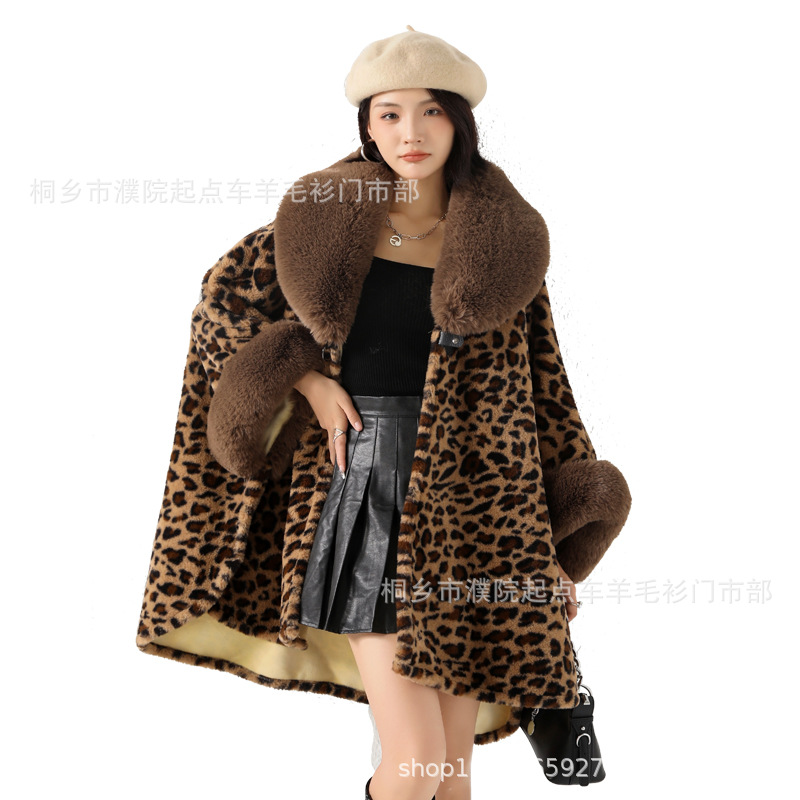 0952# Autumn Winter New Shawl Plus Size Loose Large Fur Collar Fleece Lined Thickened Cape Shawl Printed Wool Coat