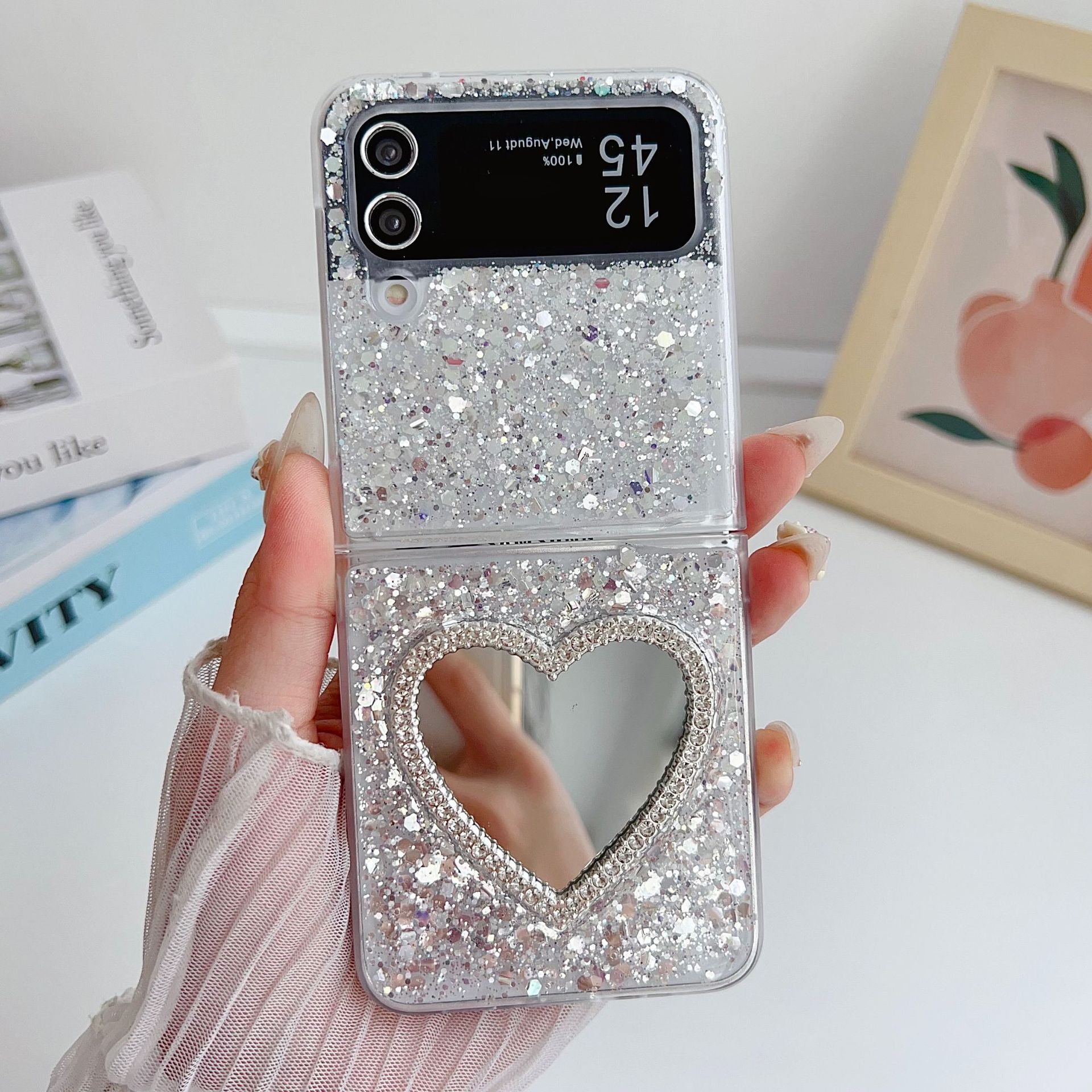 Glitter powder mirror compatible Galaxy zflip 8/7/6/4 phone case Samsung 5th generation folding protective case chain