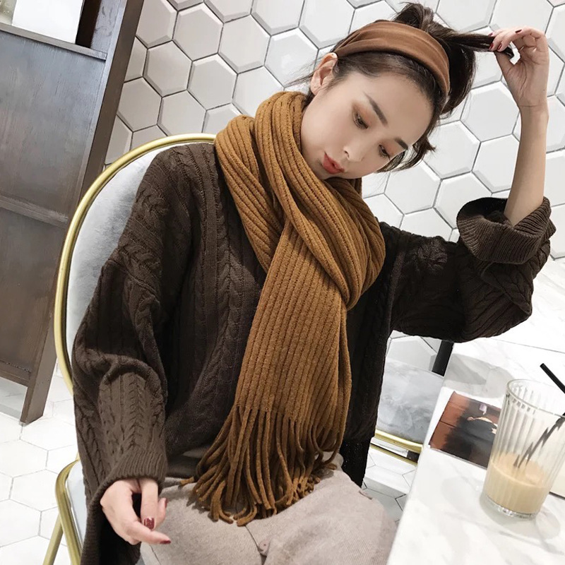 Winter long neck scarf women simple tassel shawl outer cardigan imitation cashmere windproof warm solid color scarf