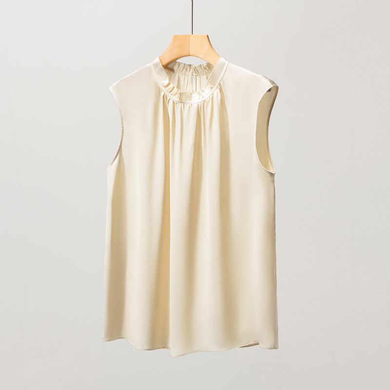 New Satin Mulberry Silk T-Shirt for Women Summer Commute Ruffled Sleeveless Vest Top Mid-Length