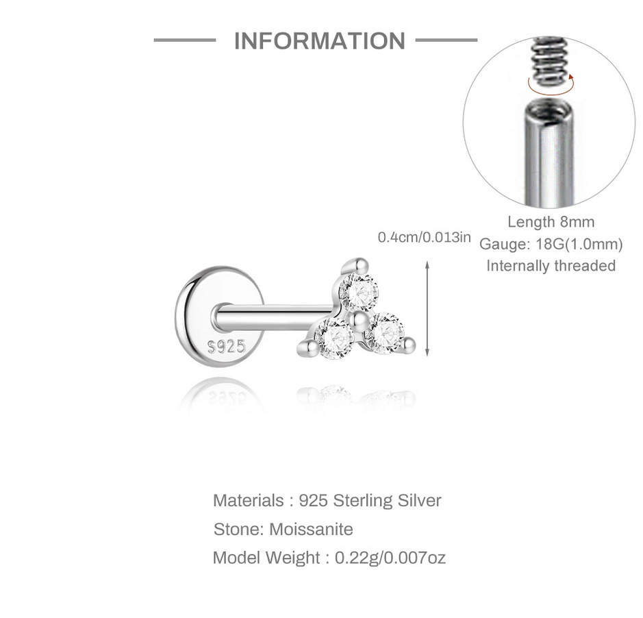 New S925 sterling silver four-claw moissanite flat head threaded cartilage ear stud ear bone stud