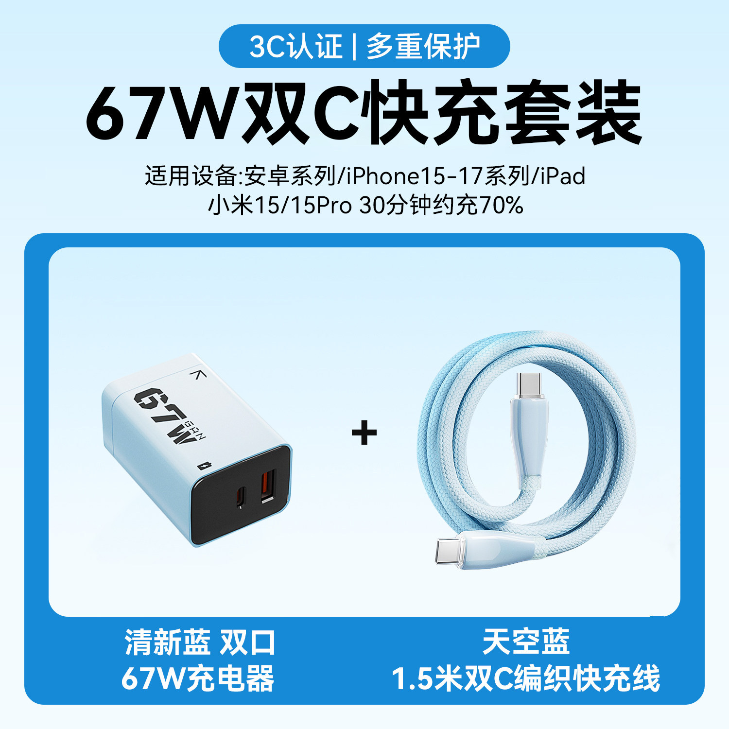 无规格 · 【A+C双口折叠套装】67W清新蓝+1.5M冰透编织双C快充线