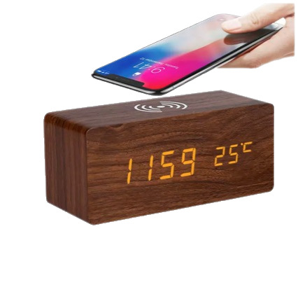 Wireless charging LED clock electronic charging wooden alarm clock, voice-controlled thermometer charging wooden clock perpetual calendar