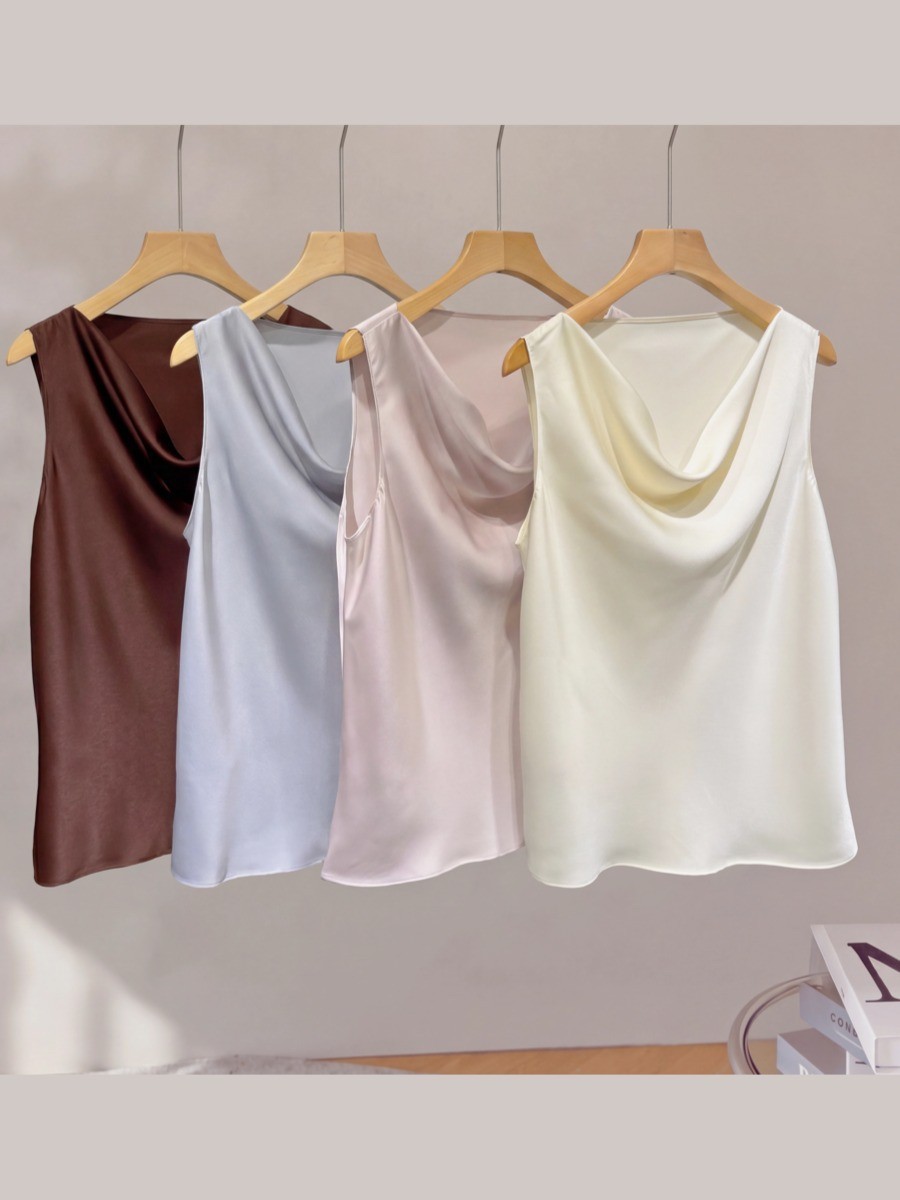 Acetate satin halter top women summer new feminine draped collar sleeveless vest cami