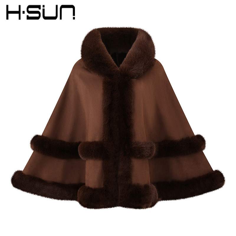 H·SUN Street Style Cape Poncho Cape Suede Fur Trim Warm Fleece Women's 2026 Fur Collar