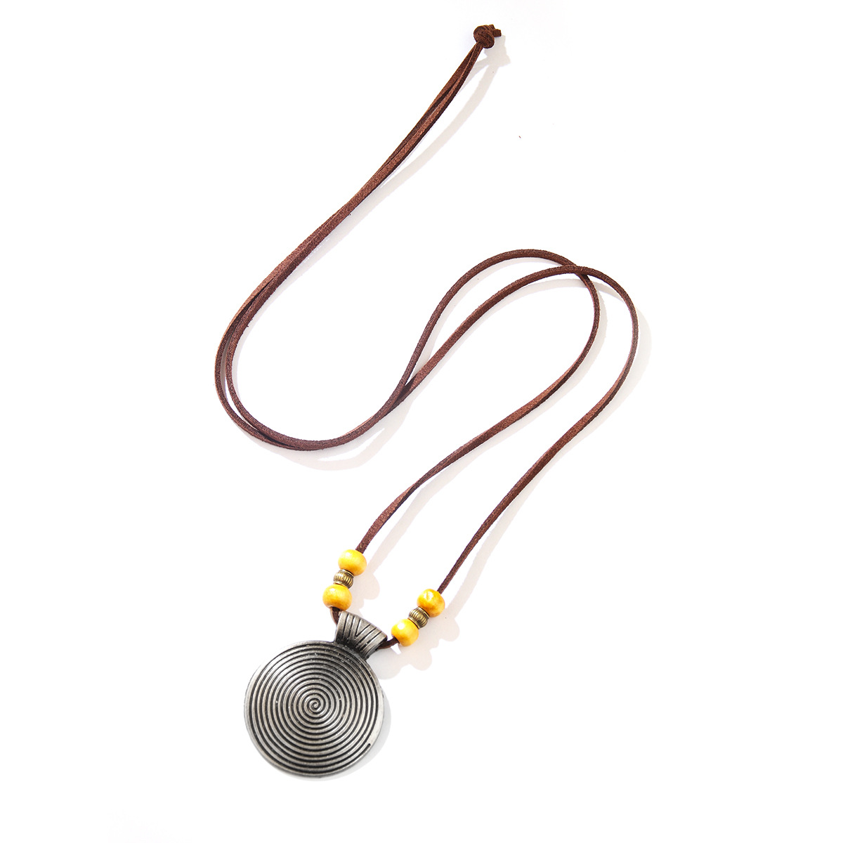 Cowhide Rope Ethnic Pendant Leather Accessories Fingerprint Alloy Sweater Chain Round Necklace