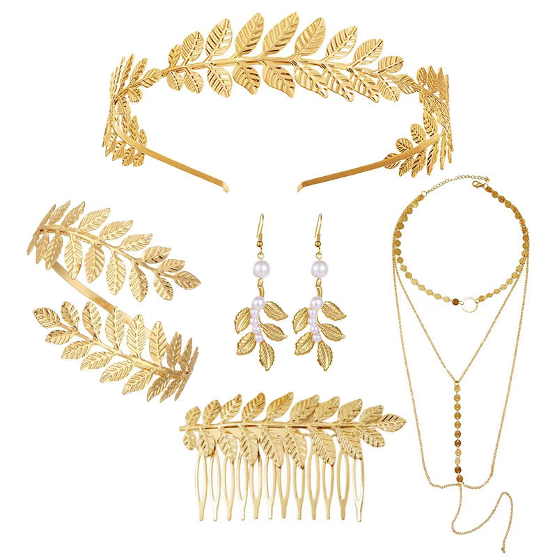 Bridal leaf headband gold goddess leaf hair comb headpiece bracelet pearl earring set