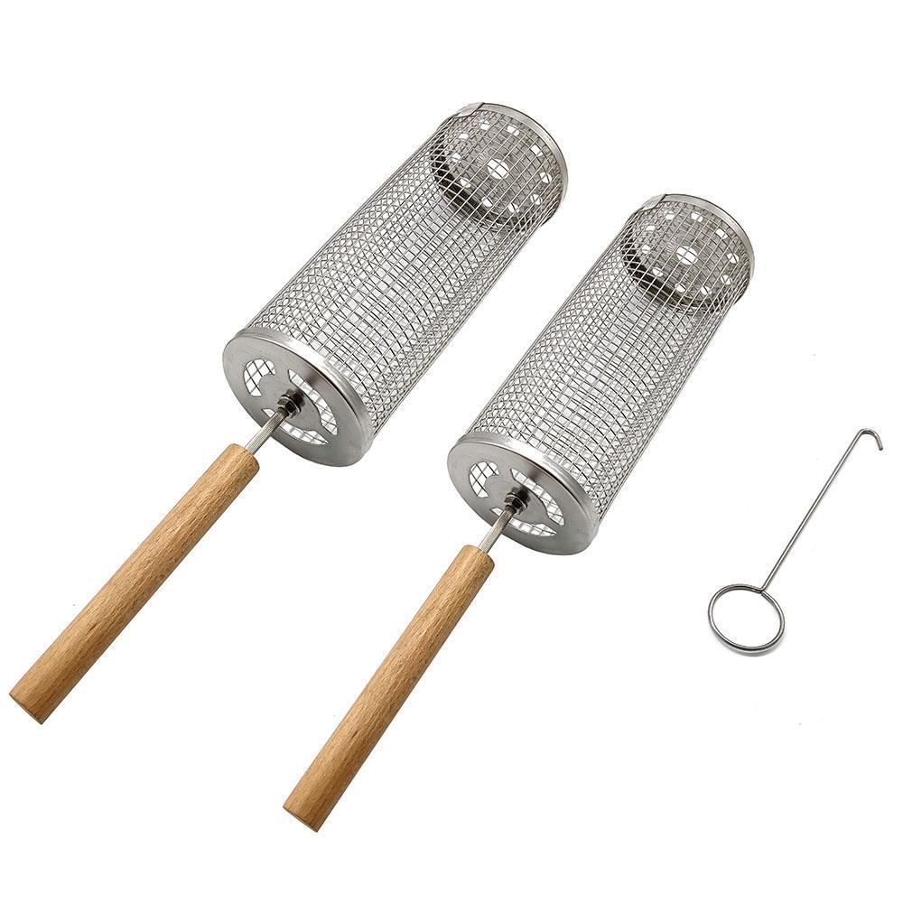 304 Stainless Steel BBQ Grill Portable Outdoor Wooden Handle Round Rolling BBQ Basket