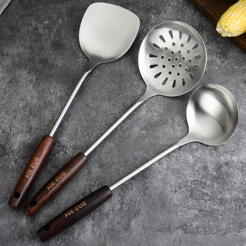 304 stainless steel cooking spatula spoon kitchen utensils anti-scald wooden handle spatula household frying spatula pan