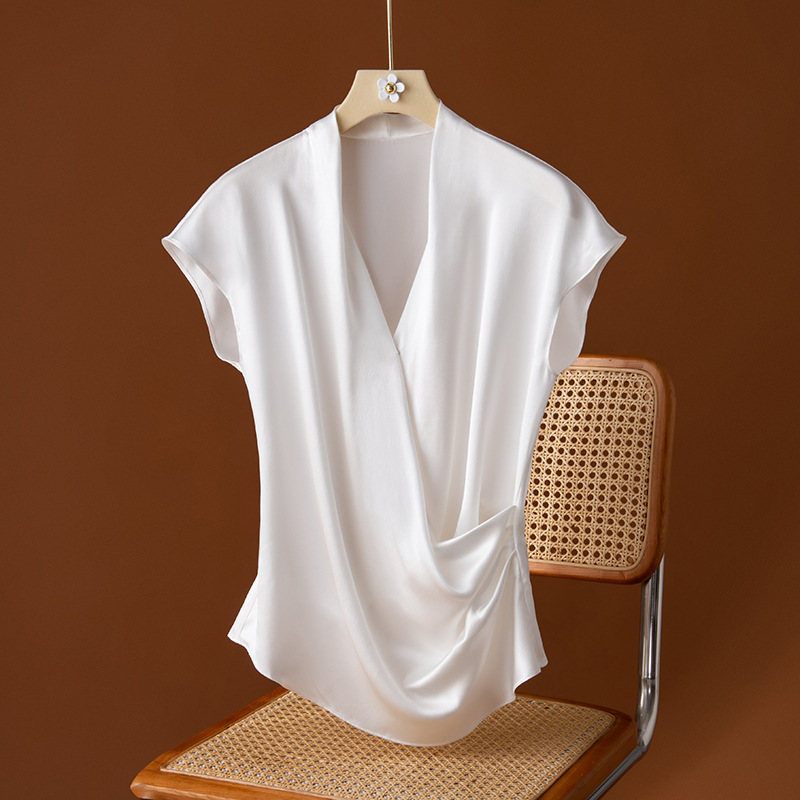 New Silk T-Shirt for Women Slim Fit Summer Mulberry Silk V-Neck Top Solid Color Short Sleeve Silk Blouse