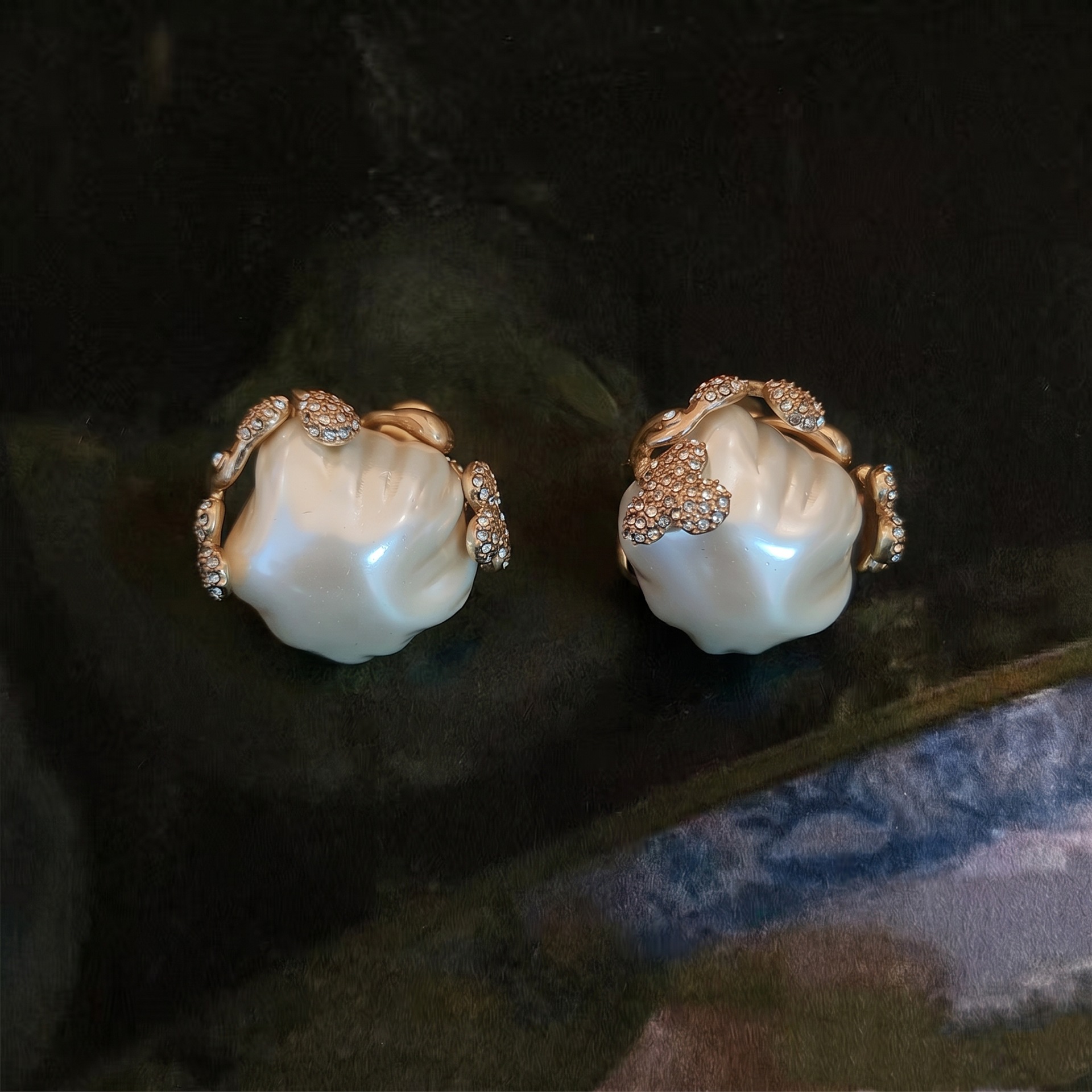 Brass inlaid baroque pearl bud earring ring set 2024 autumn winter baroque pearl
