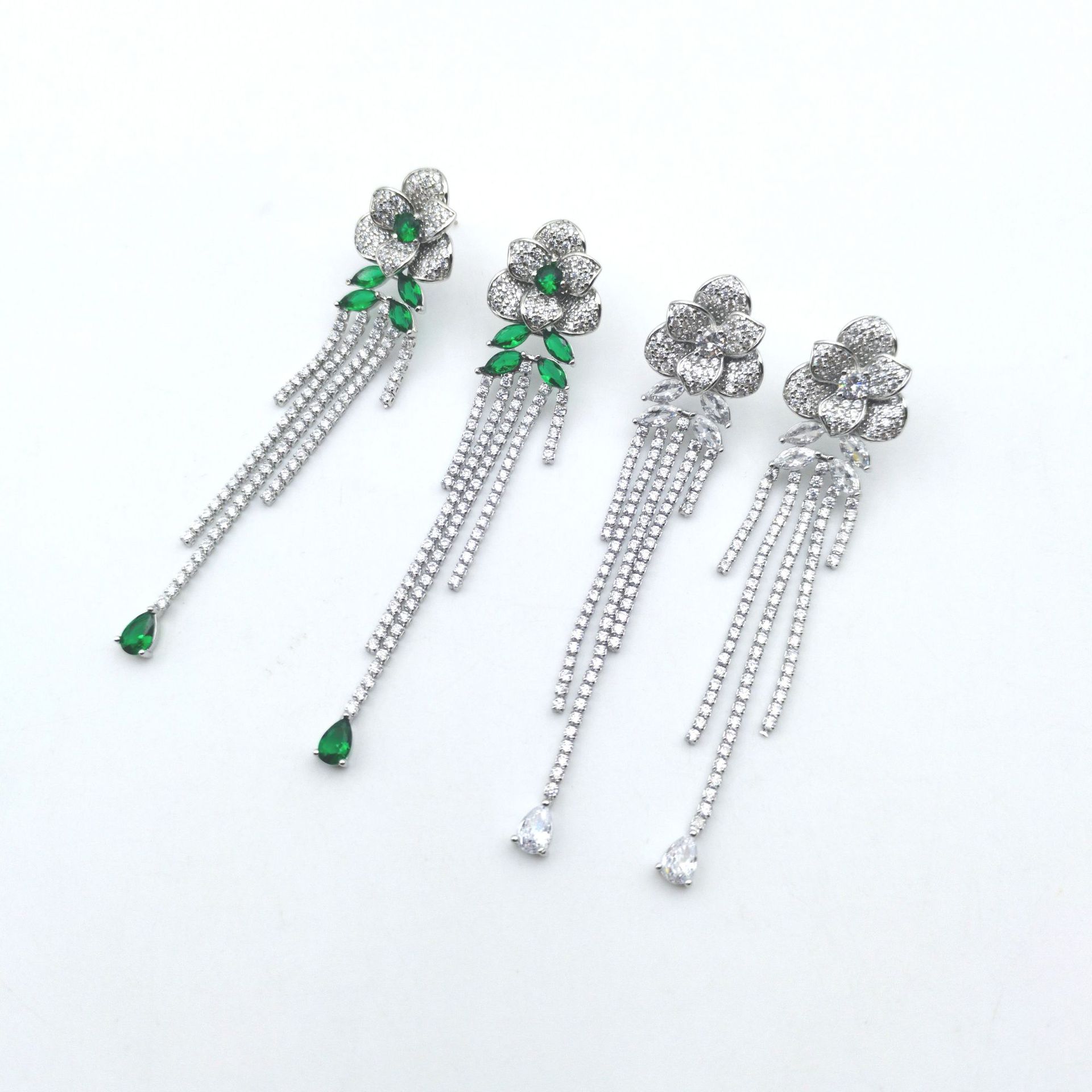 Heavy craft zircon tassel drop earrings S925 silver needle petal stud earrings