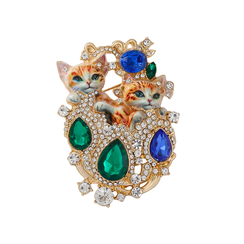 Rhinestone Double Cat Brooch Cute Animal Eco-Friendly Corsage Women's Pin Accessory