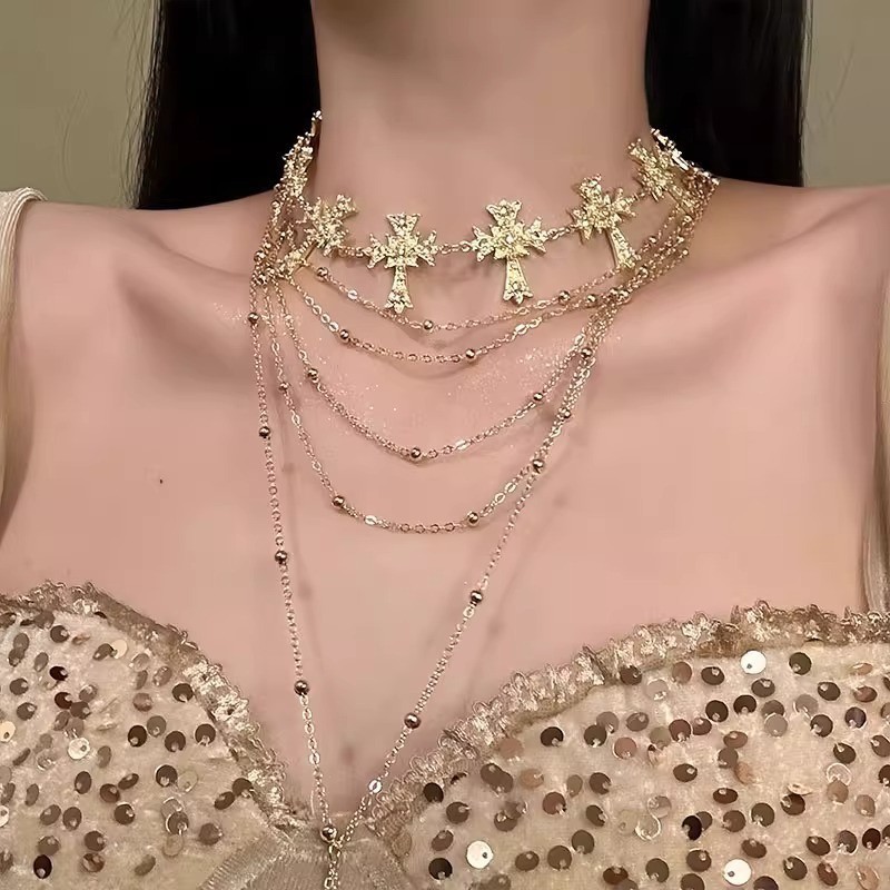 Multi-Layer Cross Tassel Necklace Court Style Collarbone Chain Sweet Cool Necklace for Women