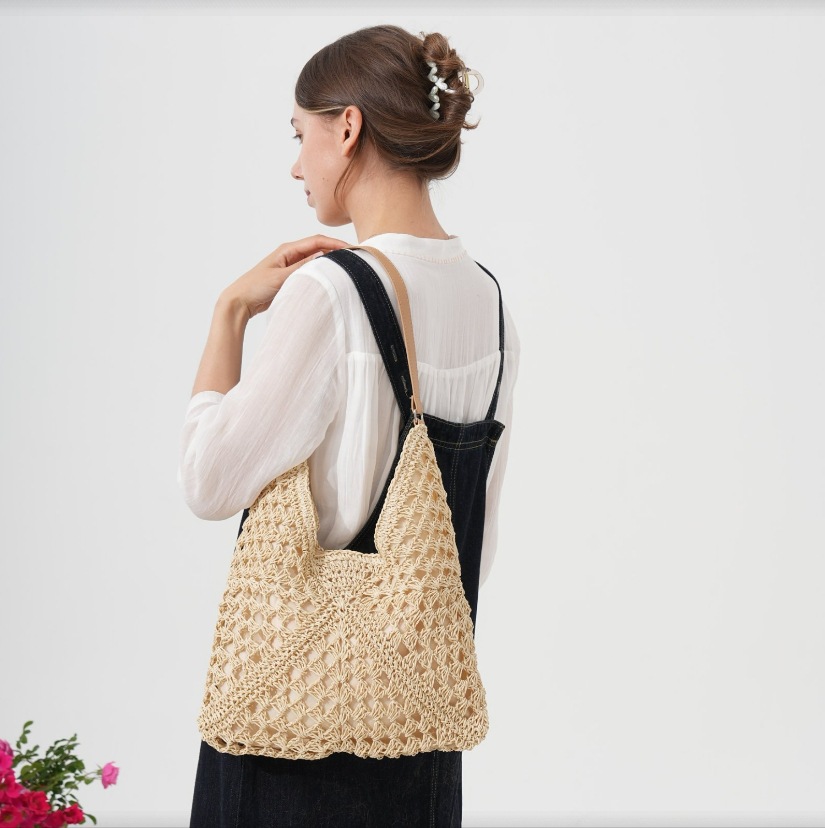 Hollow Paper Rope Straw Bag New Handwoven Bag Women's Large Capacity Single Shoulder Tote Bag Vacation Beach Bag