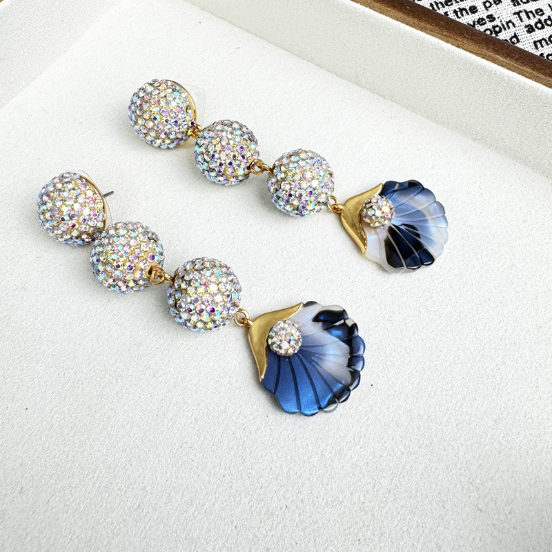 Polymer clay full diamond gem ball fan-shaped luxurious long ear studs earrings le