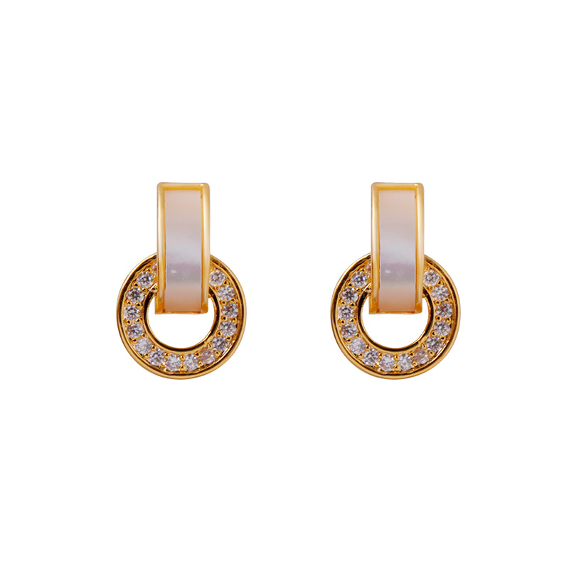 Geometric Circle Inlaid Mother-of-Pearl Hollow Earrings Simple Inlaid Zircon Silver Needle Ear Studs Earrings Women