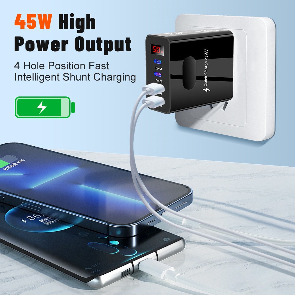 Digital Display 2USB+2Type-C Digital Phone Charger Multi-Port Charging Head UK Plug