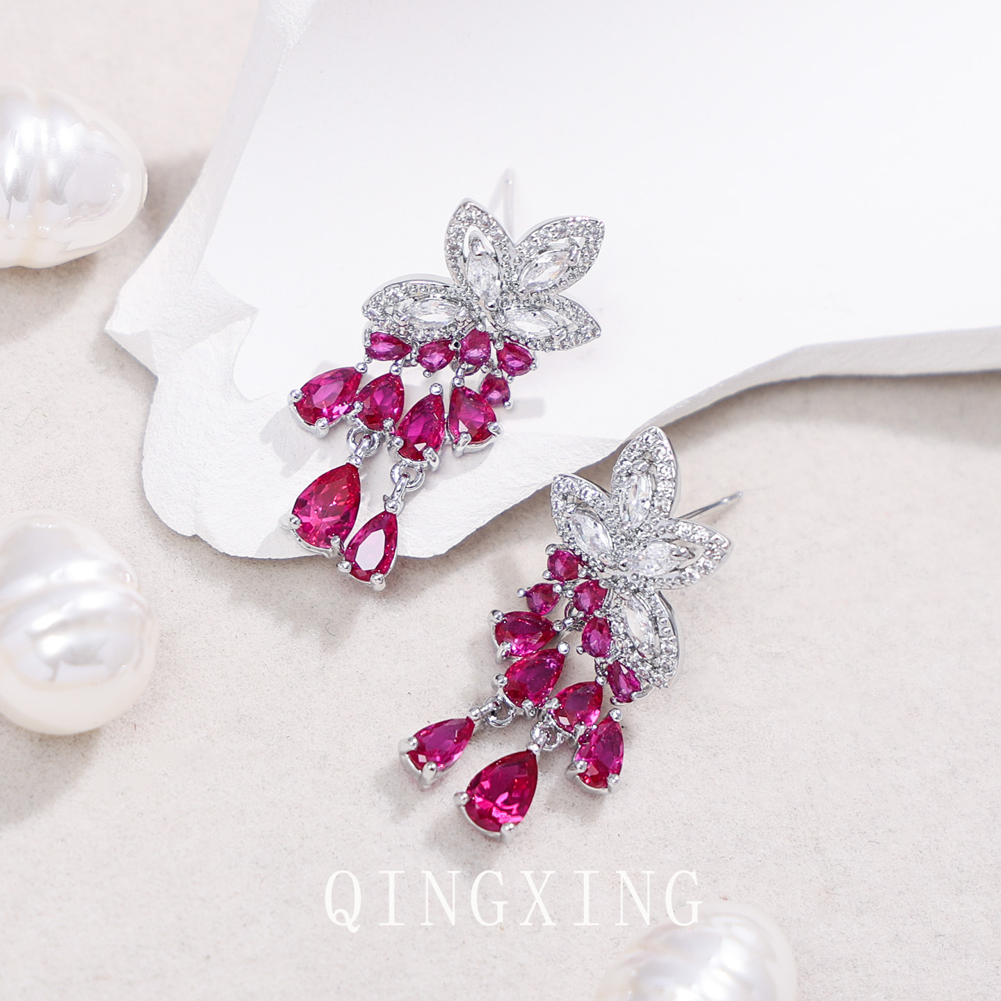 Red Corundum Tassel Earrings Heavy Craft Full Diamond Flower Earrings Banquet Dress Earrings Women's