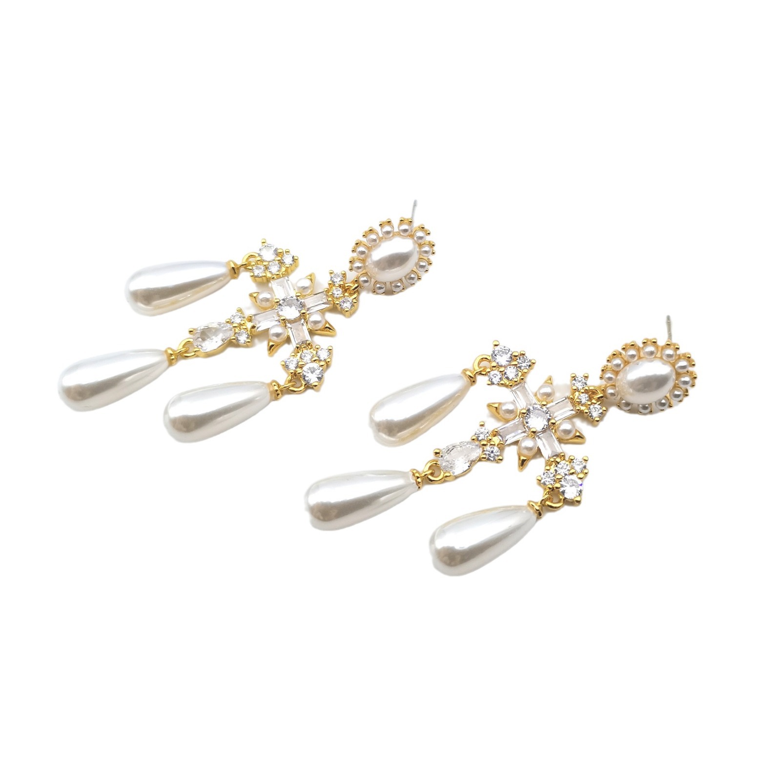 New super fairy cross drop pearl earrings S925 silver needle super fairy luxury ear jewelry