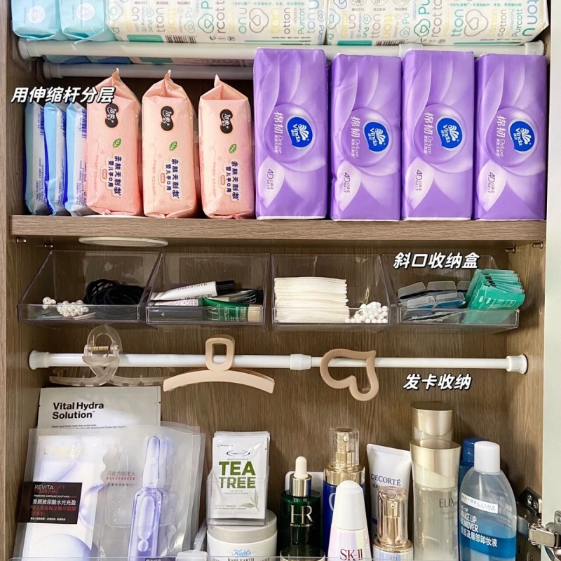 Cabinet inner layered shelf, storage rack, no-drill, telescopic rod, under sink organizer
