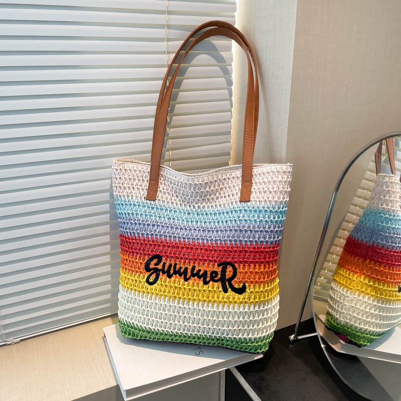 2026 new straw woven bag women's large capacity shopping bag striped letter beach bag embroidered handbag