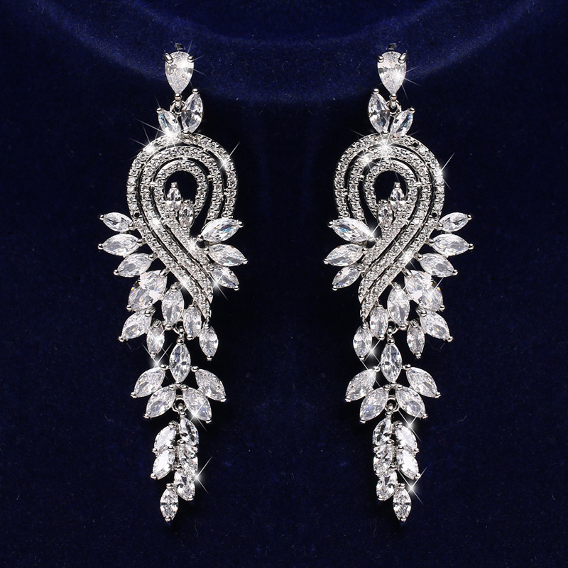 Dubai exaggerated long hollow earring ear stud earring AAA zircon super flash bridal evening earring