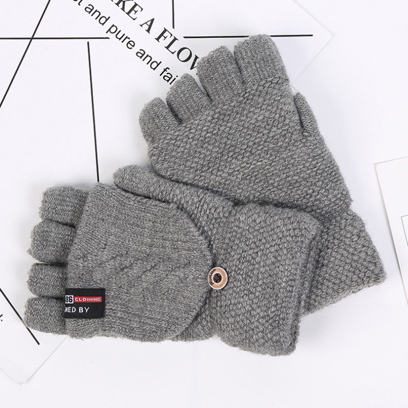 Gloves Men Winter Warm Cold-Proof Driving Cycling Finger-Exposed Flip-Top Gloves Knitted Yarn Half-Finger Gloves