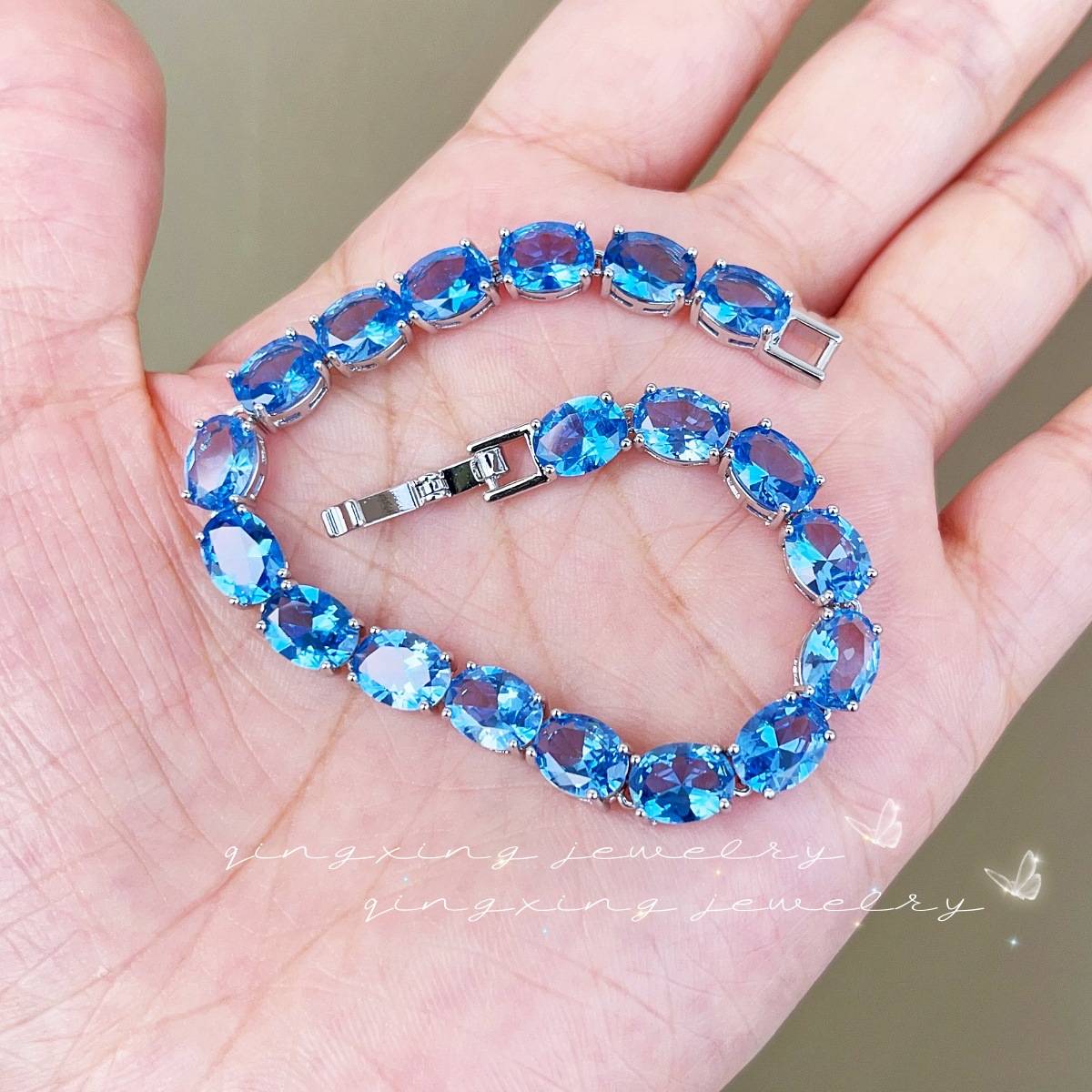 Light Sea Blue Spinel Tennis Bracelet Gradient Sea Blue Simulated Blue Topaz Simple Women's Hand Jewelry