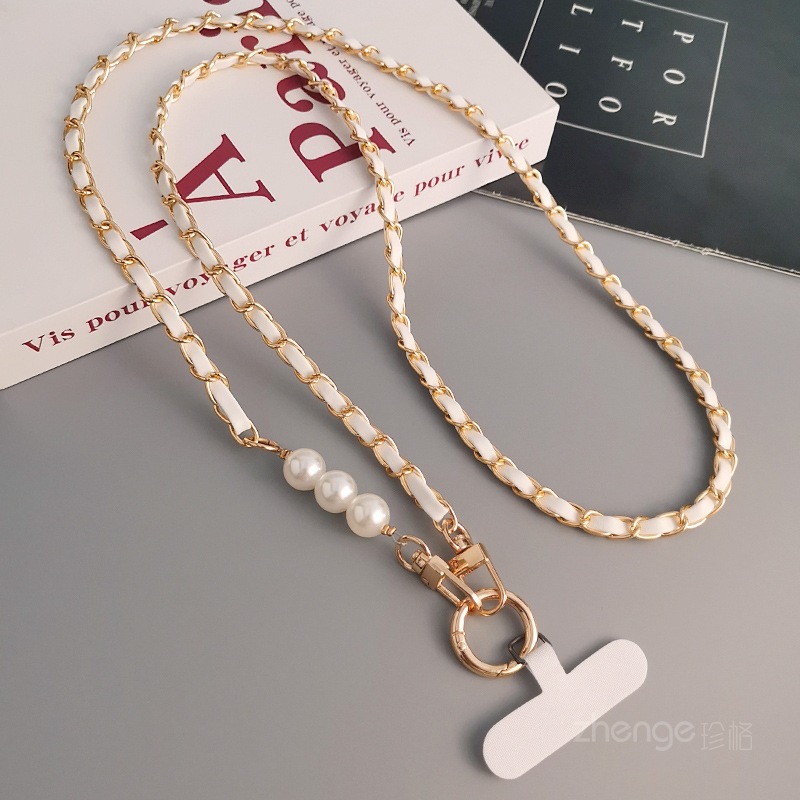 Diagonal crossbody pearl leather card chain phone lanyard women small fragrance long back strap metal chain Nordic style new