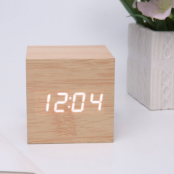 LED wooden clock, night light, voice-activated electronic alarm clock, desktop decoration, gift, student alarm clock