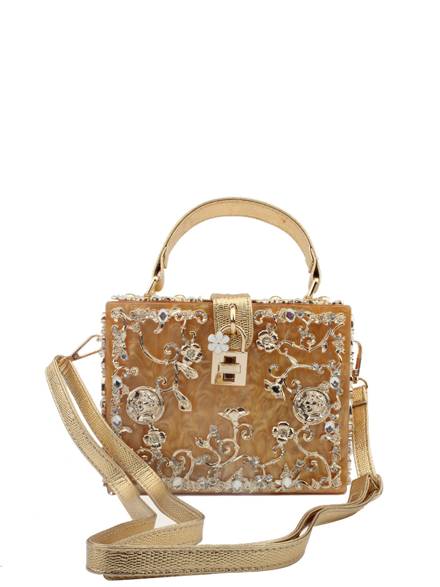 Acrylic Evening Bag Hollow Metal Carved Rhinestone Handbag Shoulder Crossbody Women's Bag