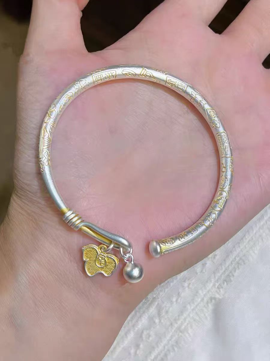 Foot silver 999 lucky cat silver bracelet men and women auspicious words ancient enamel color national style silver bracelet gift silver-plated