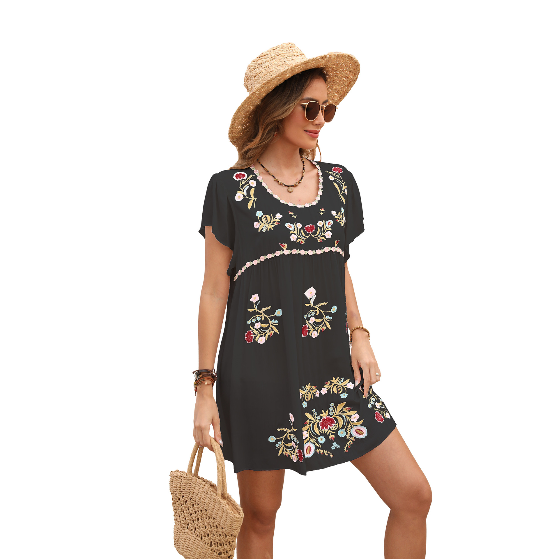 Embroidered casual loose dress summer V-neck short dress women #762