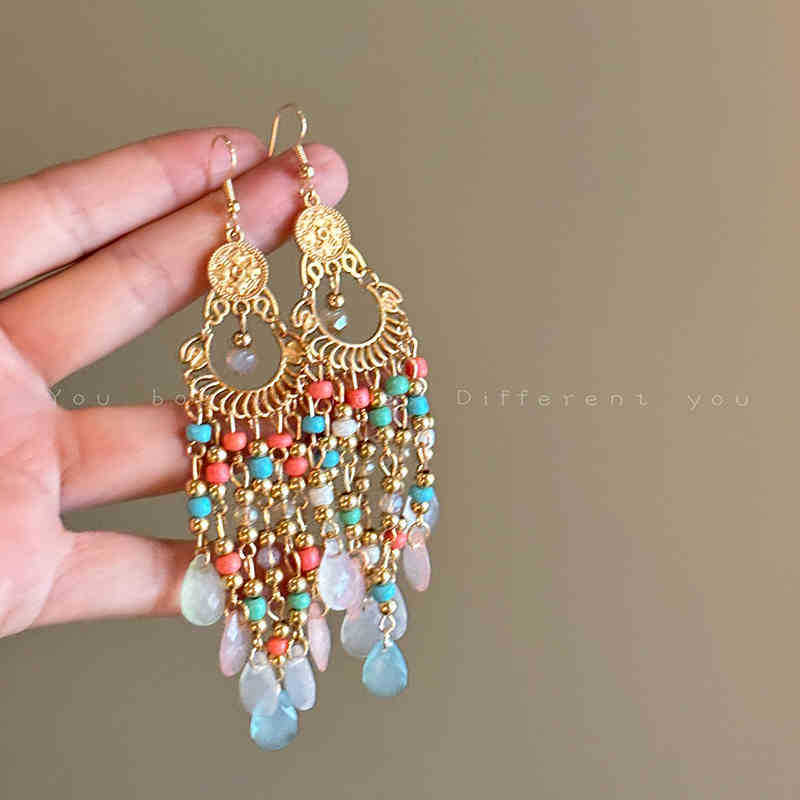 Bohemian Style Blue Feather Tassel Earrings Women Exotic Ethnic Style Earrings Exaggerated Long Ear Accessories