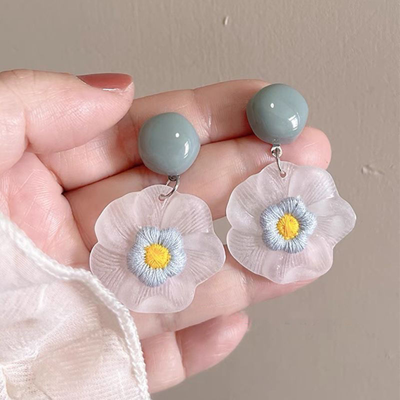 Dopamine Woven Flower Earrings for Women Summer Seaside Vacation Style Accessories Pink Stud Earrings