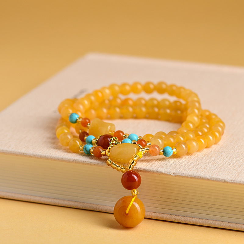 Xinjiang Gold Silk Jade Multi-loop Bracelet Peace Buckle Pendant New Chinese Style Ethnic Style Buddha Bead Prayer Bead Bracelet