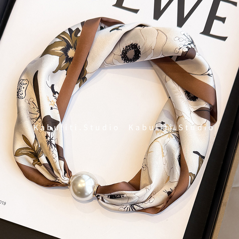 Magnetic buckle pearl necklace narrow small long strip silk scarf women neck protection mother matching shirt thin scarf