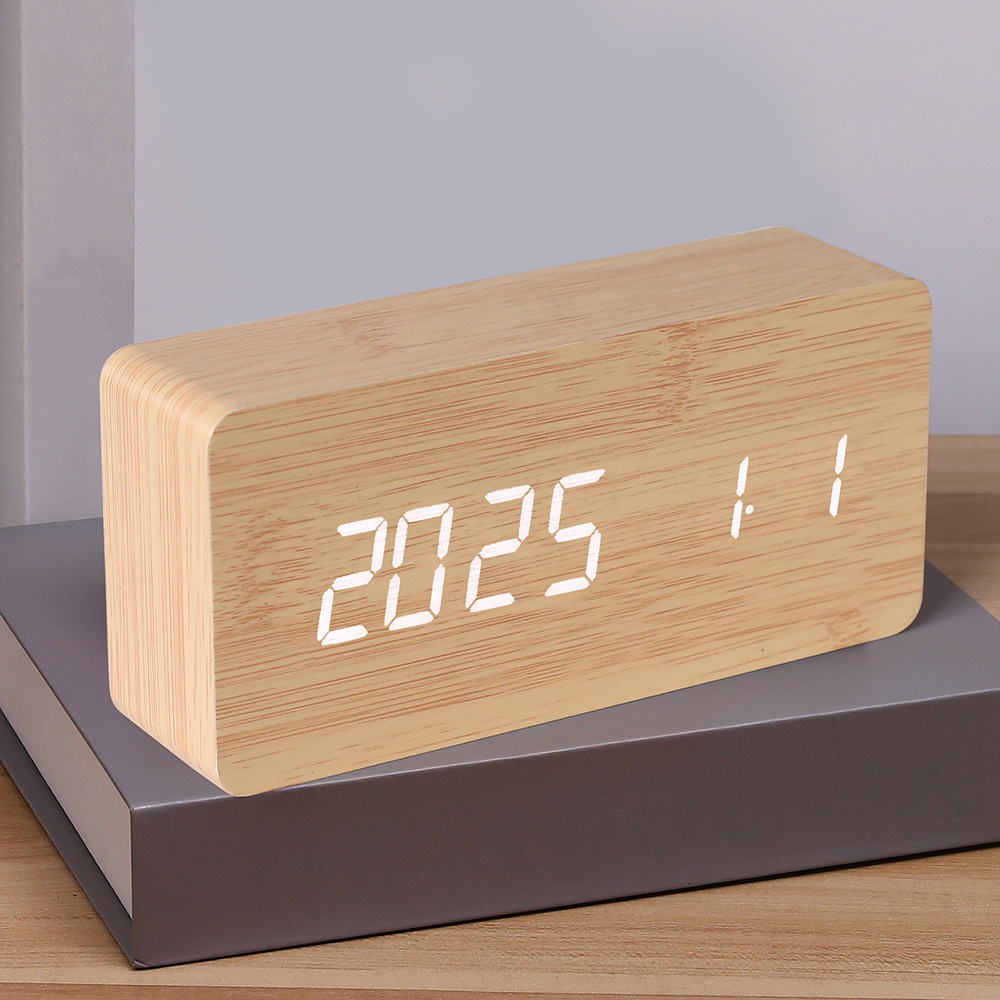 PVC Wooden Clock Multifunctional Alarm Clock LED Clock Thermometer Digital Clock Student Bedside Electronic Night Light Alarm