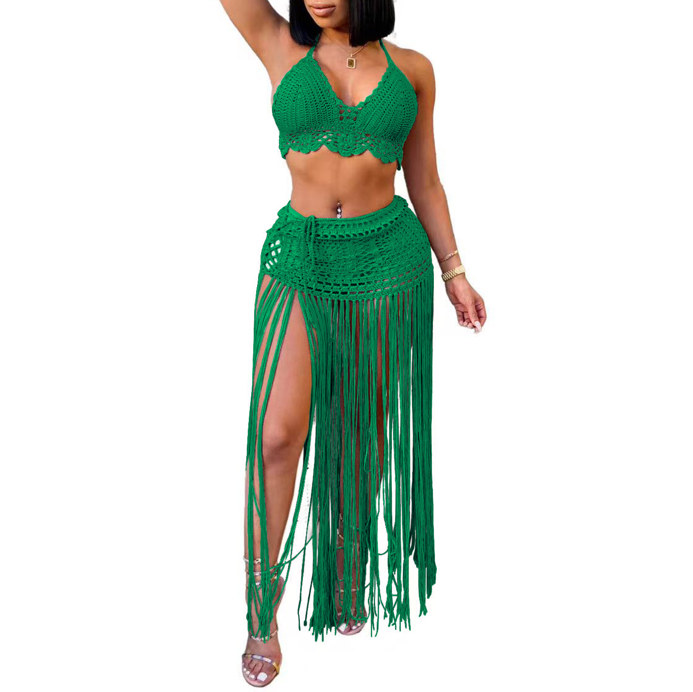 Women's Set Hand-Crocheted Beach Bikini Top Plus Long Tassel Skirt Two-Piece Set