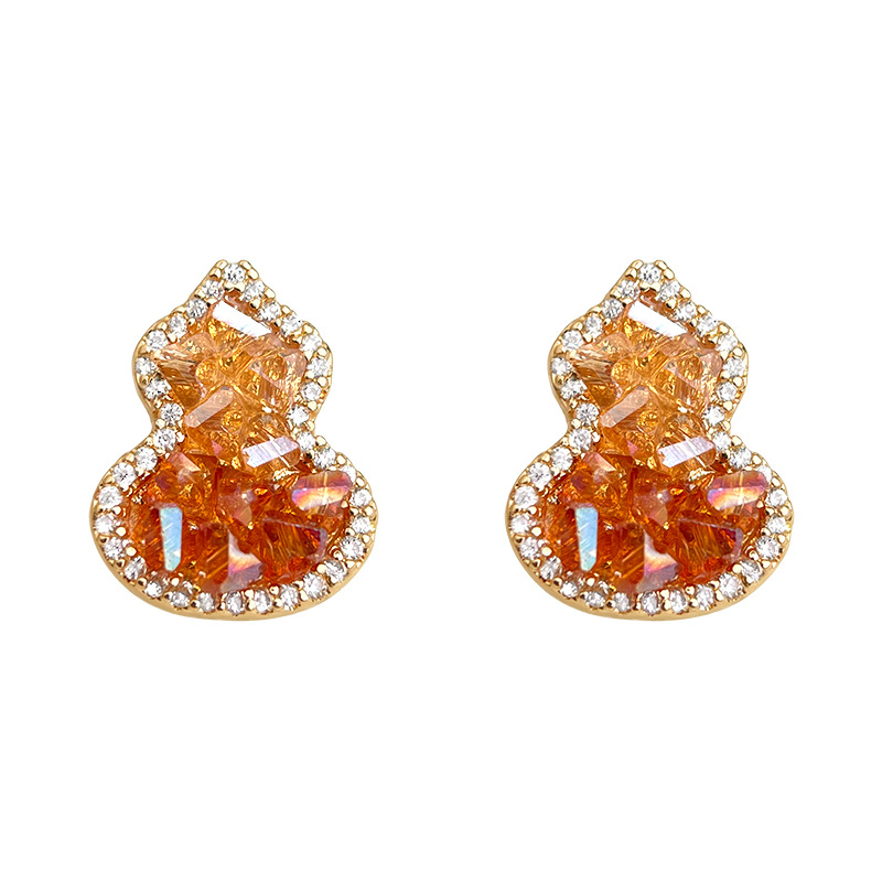 Close your eyes and buy! Easy to sell! Micro-set zircon silver-plated needle crystal gourd earrings orange gradient champagne earrings