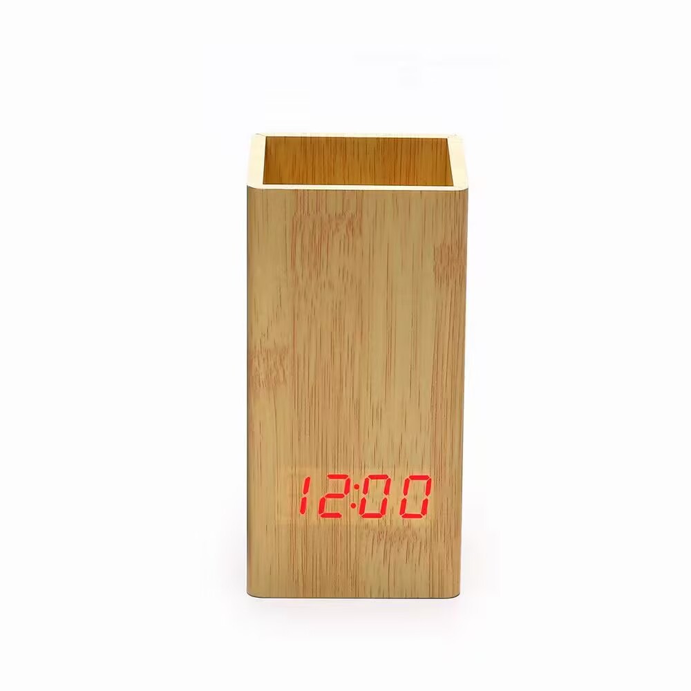 Simple home office pen holder wooden clock, wooden home pen holder alarm clock, factory direct sale