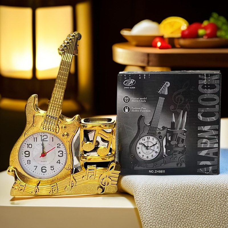 Guitar Alarm Clock with Pen Holder Desktop Ornament Clock Pen Socket Clock Student Gift Birthday Gift Creative