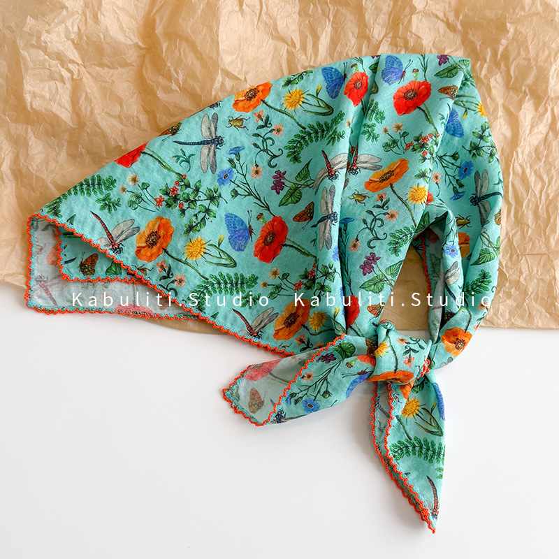58*58 cotton linen small square scarf, fresh floral neck protection small scarf for girls, hair band