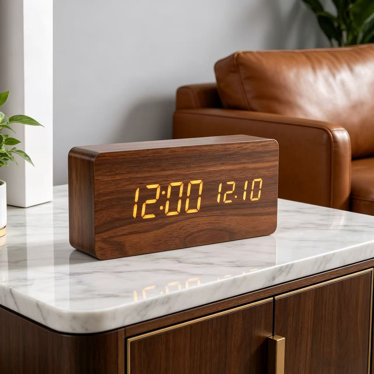 Silent wake-up triangular wooden clock, LED wooden clock, electronic thermometer, desktop digital alarm clock