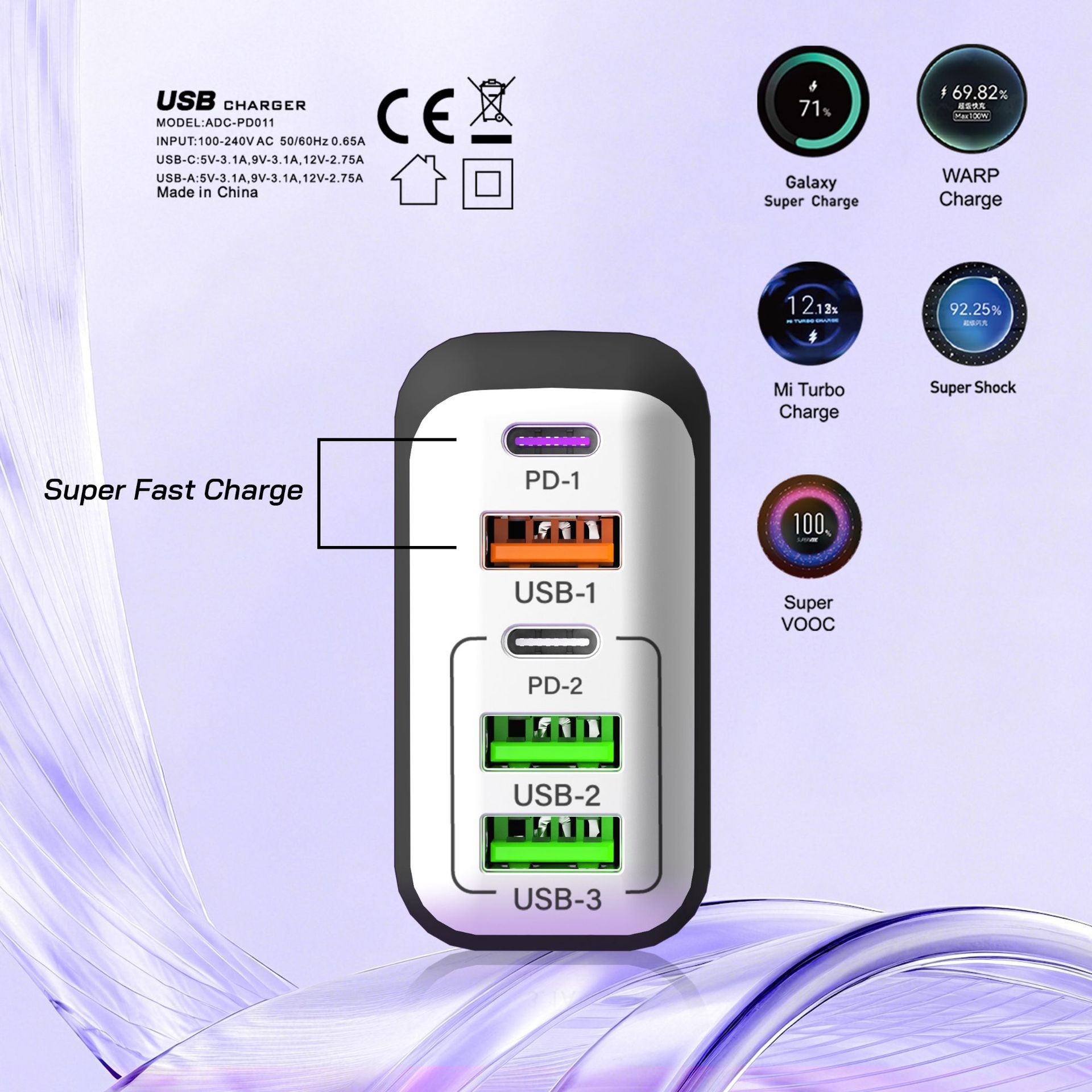 200W Charger UK Plug Multi-Port Phone Charging Head 3USB+2C Plug Type-C Adapter